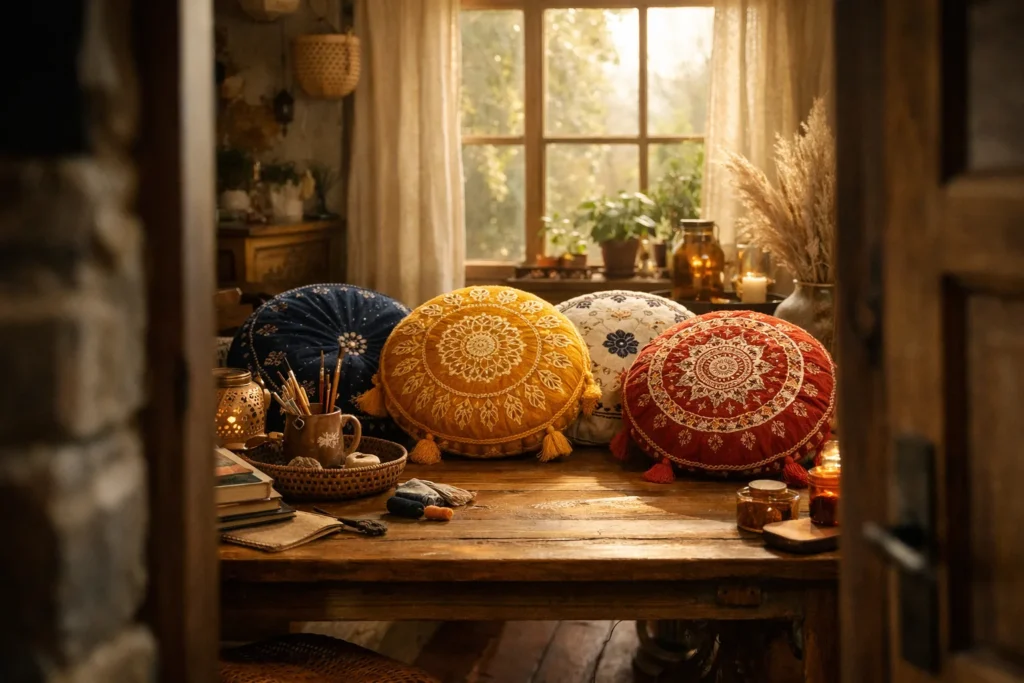 Apportez une touche bohème avec des coussins ronds à motifs