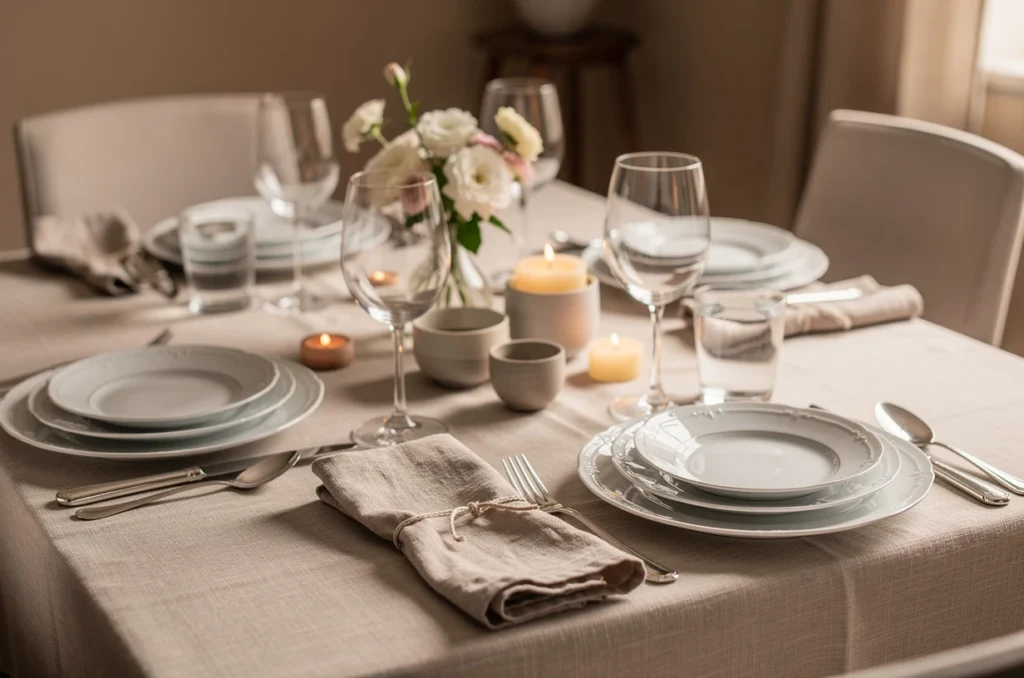 Comment réussir une décoration de table avec une nappe enduite beige